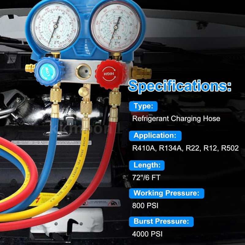 Tigbear AC Manifold Hose Set, 22985 Plus II Manifold Kit with 1/4 SAE, 4 Layer Vacuum Refrigerant Hose 800 PSI Working Pressure, 6FT A/C Charging Kit (72'') - Image 4